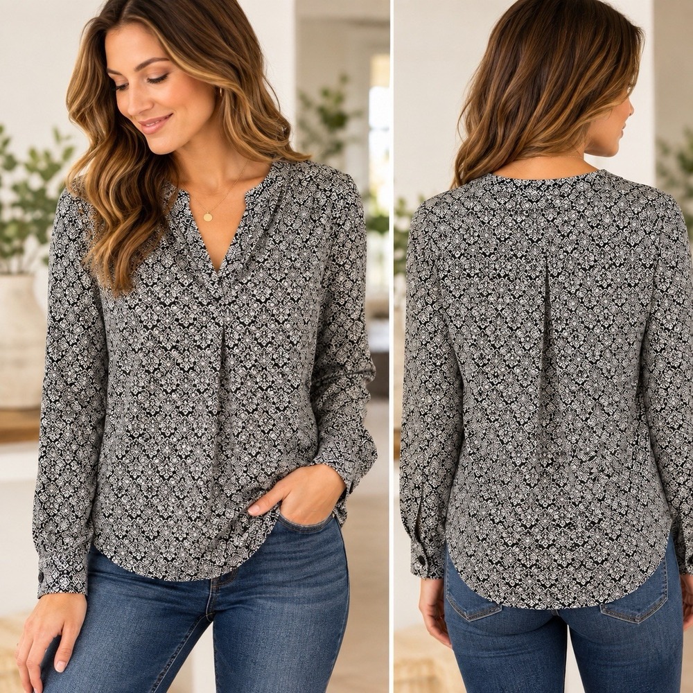 J.Crew F3802 Blouse Womens S Black White Print V Neck Popover Long Sleeve